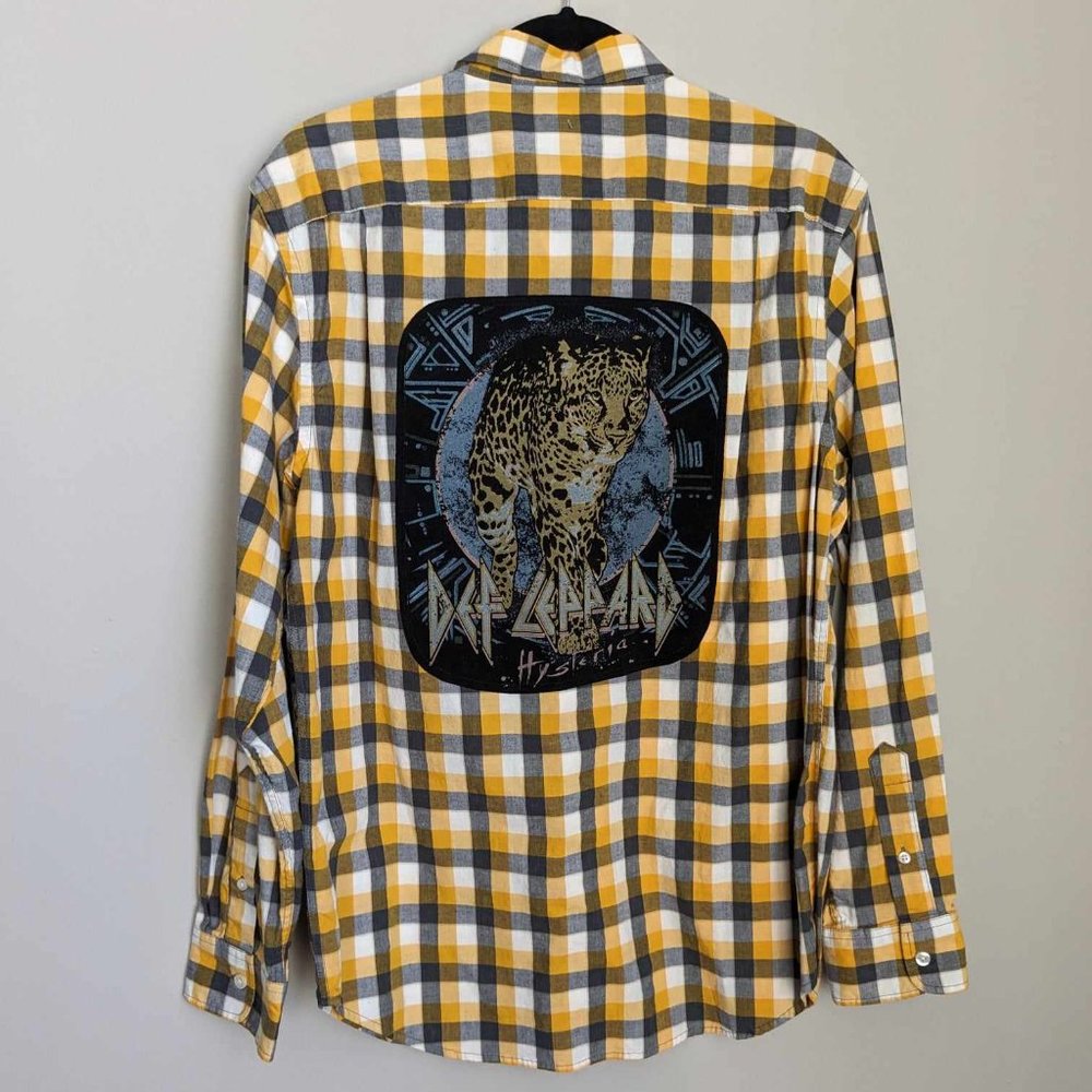 Def Leppard Hysteria Music Band Custom Yellow Flannel Button Down Shirt Sz M
